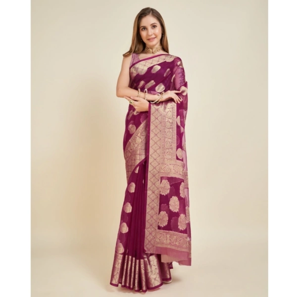 Generic Women's Soft Organza Silk Weaving Design Saree With Unstitched Blouse 5.5Mtr (Wine) - Wine