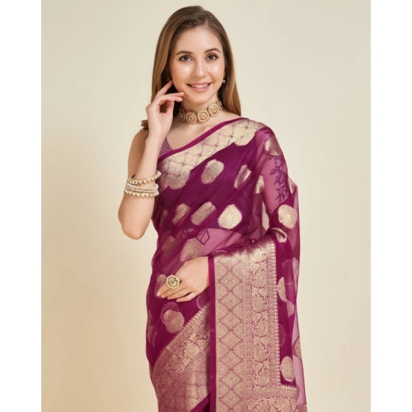 Generic Women's Soft Organza Silk Weaving Design Saree With Unstitched Blouse 5.5Mtr (Wine) - Wine