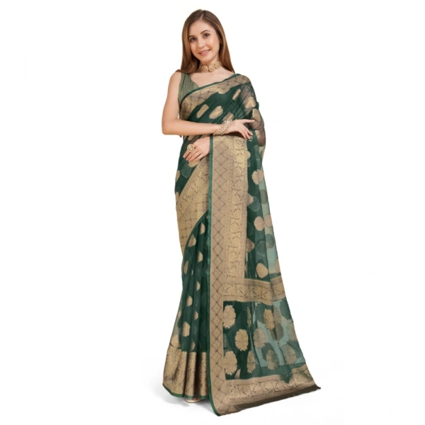 Generic Women's Soft Organza Silk Weaving Design Saree With Unstitched Blouse 5.5Mtr (Green) - Green
