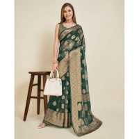 Generic Women's Soft Organza Silk Weaving Design Saree With Unstitched Blouse 5.5Mtr (Green) - Green