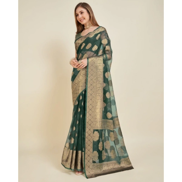 Generic Women's Soft Organza Silk Weaving Design Saree With Unstitched Blouse 5.5Mtr (Green) - Green
