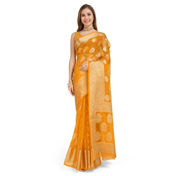 Generic Women's Soft Organza Silk Weaving Design Saree With Unstitched Blouse 5.5Mtr (Yellow) - Yellow