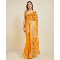 Generic Women's Soft Organza Silk Weaving Design Saree With Unstitched Blouse 5.5Mtr (Yellow) - Yellow