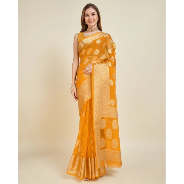 Generic Women's Soft Organza Silk Weaving Design Saree With Unstitched Blouse 5.5Mtr (Yellow) - Yellow