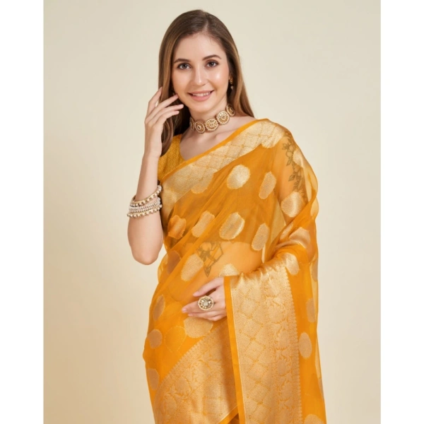 Generic Women's Soft Organza Silk Weaving Design Saree With Unstitched Blouse 5.5Mtr (Yellow) - Yellow