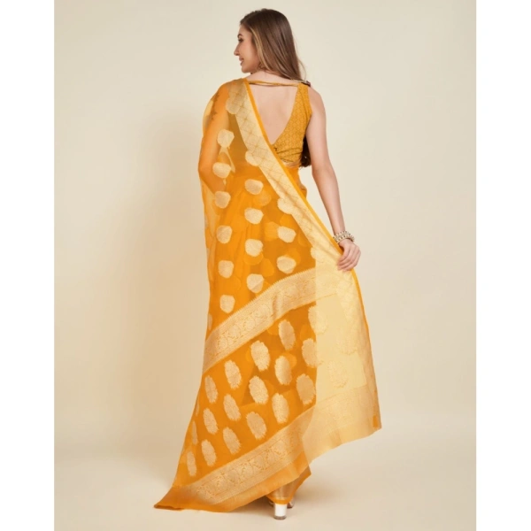 Generic Women's Soft Organza Silk Weaving Design Saree With Unstitched Blouse 5.5Mtr (Yellow) - Yellow
