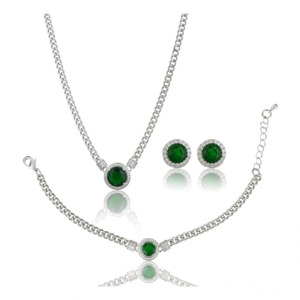 Shopnav Women's Stainless Steel Green Color Silver Chain Western Combo Jewelry (Silver Plated) - Silver Plated