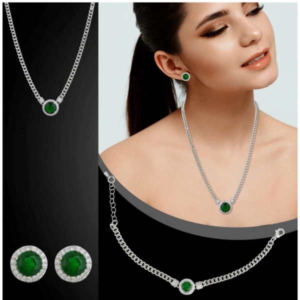Shopnav Women's Stainless Steel Green Color Silver Chain Western Combo Jewelry (Silver Plated) - Silver Plated
