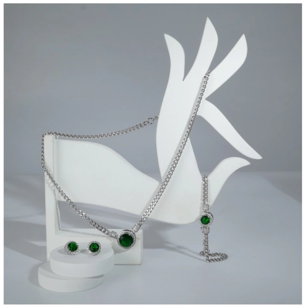 Shopnav Women's Stainless Steel Green Color Silver Chain Western Combo Jewelry (Silver Plated) - Silver Plated