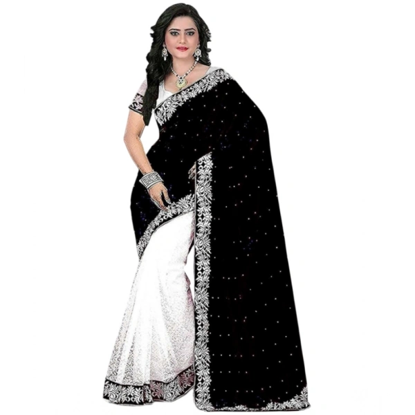 Generic Women's Velvet-Net Embroidered Saree With Unstitched Blouse (5.5Mtr, White-Black) - White-Black