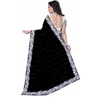 Generic Women's Velvet-Net Embroidered Saree With Unstitched Blouse (5.5Mtr, White-Black) - White-Black