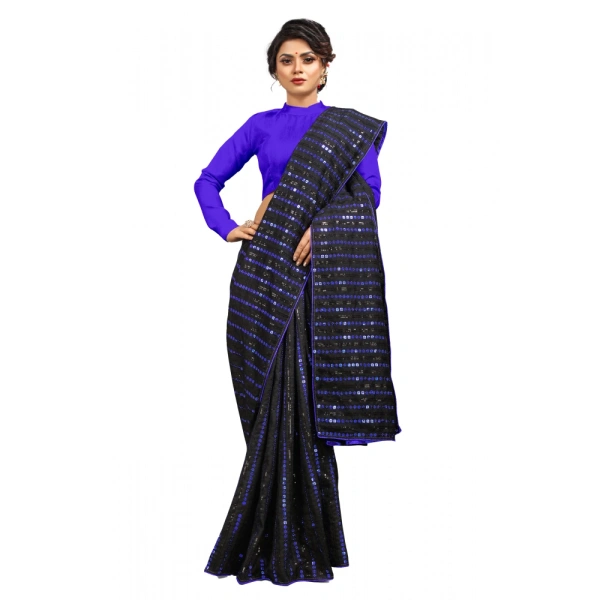 Women's Vichitra Saree with Blouse (Blue, 5-6 Mtrs) - Blue
