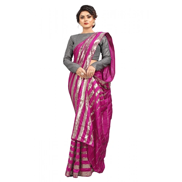 Women's Vichitra Saree with Blouse (Pink, 5-6 Mtrs) - Pink