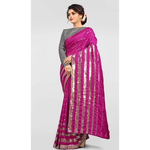 Women's Vichitra Saree with Blouse (Pink, 5-6 Mtrs) - Pink