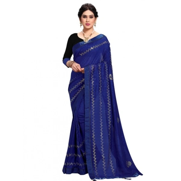 Women's Vichitra Silk HotFix Stone Work Saree With Blouse (Blue, 5-6 Mtrs) - Blue
