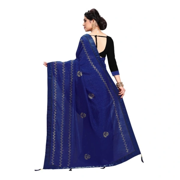 Women's Vichitra Silk HotFix Stone Work Saree With Blouse (Blue, 5-6 Mtrs) - Blue