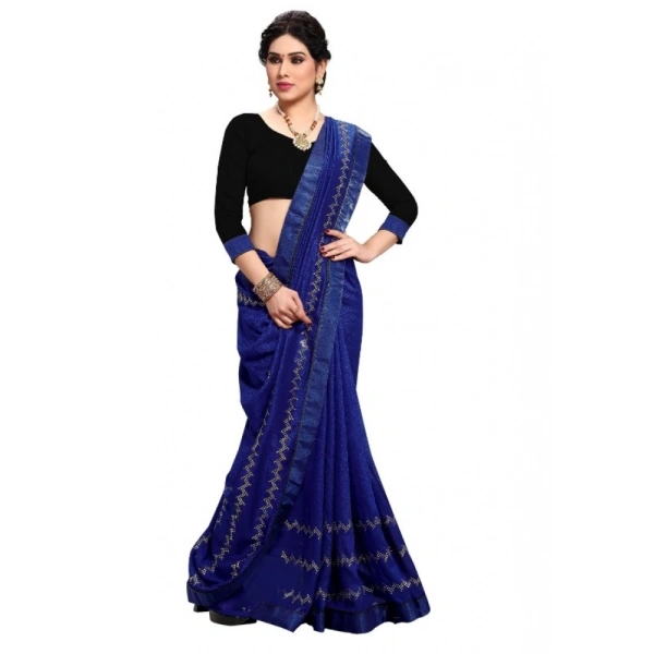 Women's Vichitra Silk HotFix Stone Work Saree With Blouse (Blue, 5-6 Mtrs) - Blue