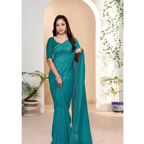 Generic Women's Vichitra Silk Striped Saree With Unstitched Blouse 5.5Mtr (Sky Blue) - Sky Blue
