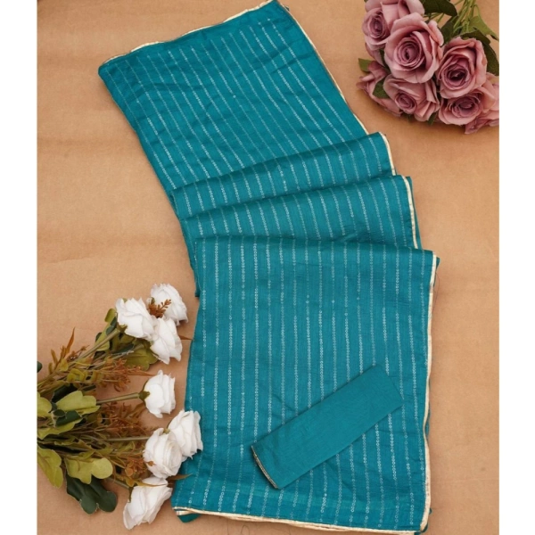 Generic Women's Vichitra Silk Striped Saree With Unstitched Blouse 5.5Mtr (Sky Blue) - Sky Blue