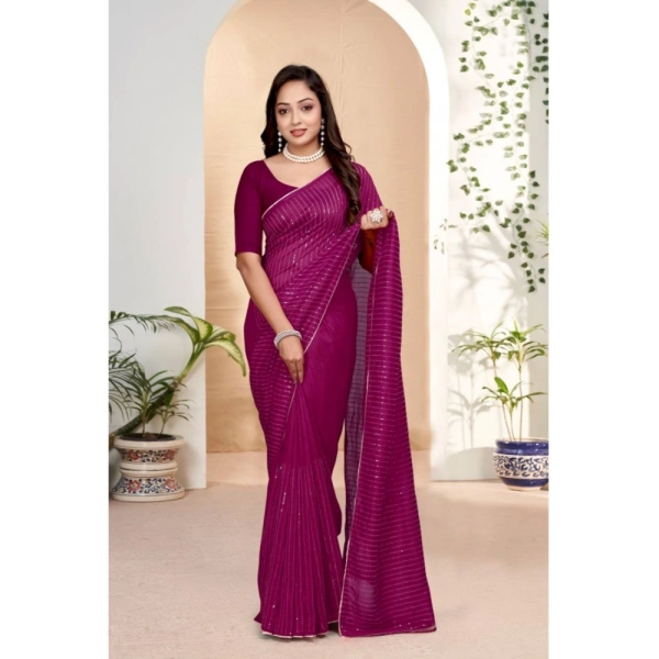 Generic Women's Vichitra Silk Striped Saree With Unstitched Blouse 5.5Mtr (Purple) - Purple