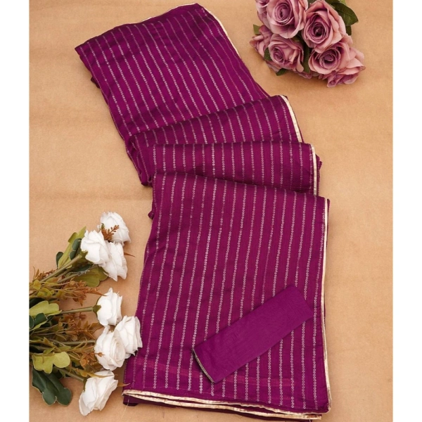 Generic Women's Vichitra Silk Striped Saree With Unstitched Blouse 5.5Mtr (Purple) - Purple