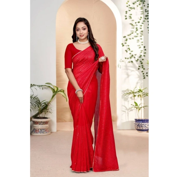 Generic Women's Vichitra Silk Striped Saree With Unstitched Blouse 5.5Mtr (Red) - Red