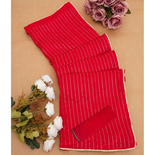 Generic Women's Vichitra Silk Striped Saree With Unstitched Blouse 5.5Mtr (Red) - Red