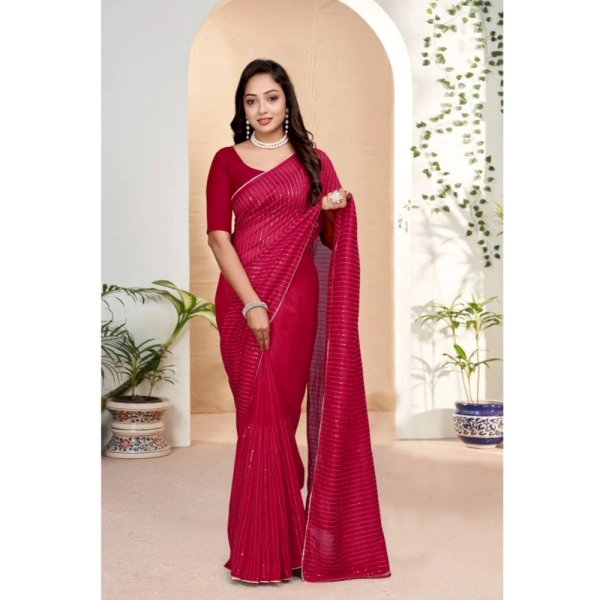 Generic Women's Vichitra Silk Striped Saree With Unstitched Blouse 5.5Mtr (Pink) - Pink