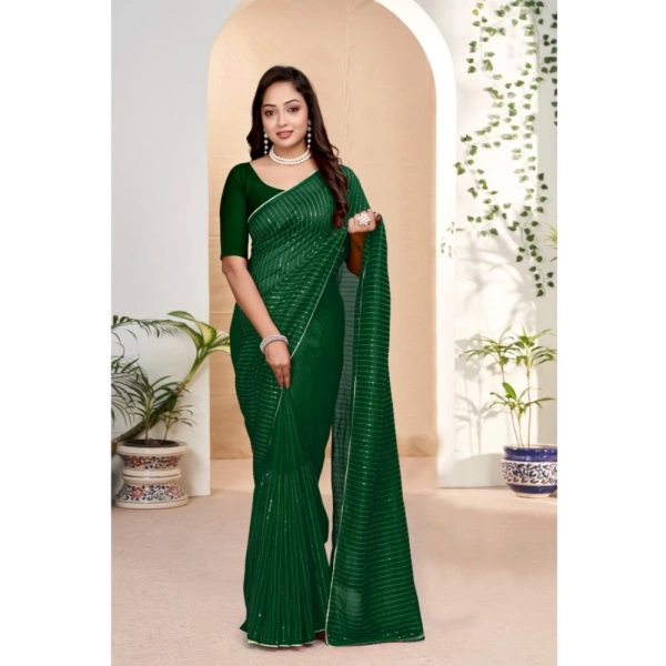 Generic Women's Vichitra Silk Striped Saree With Unstitched Blouse 5.5Mtr (Green) - Green