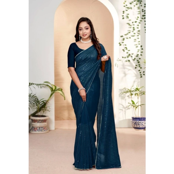 Generic Women's Vichitra Silk Striped Saree With Unstitched Blouse 5.5Mtr (Blue) - Blue