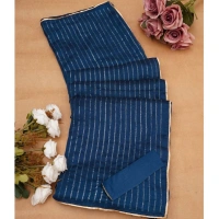 Generic Women's Vichitra Silk Striped Saree With Unstitched Blouse 5.5Mtr (Blue) - Blue