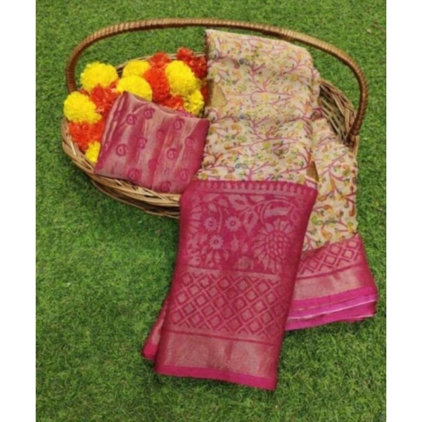 Women's Viscose Rayon Printed Saree With Unstitched Blouse (Pink) - Pink
