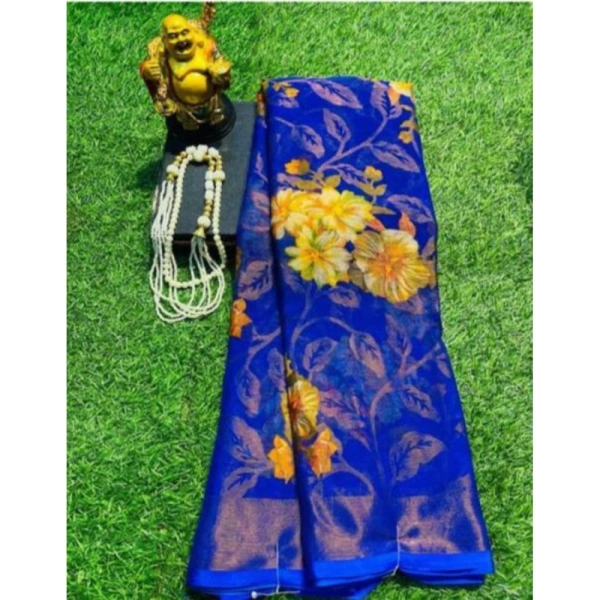 Women's Viscose Rayon Printed Saree With Unstitched Blouse (Royal Blue) - Royal Blue