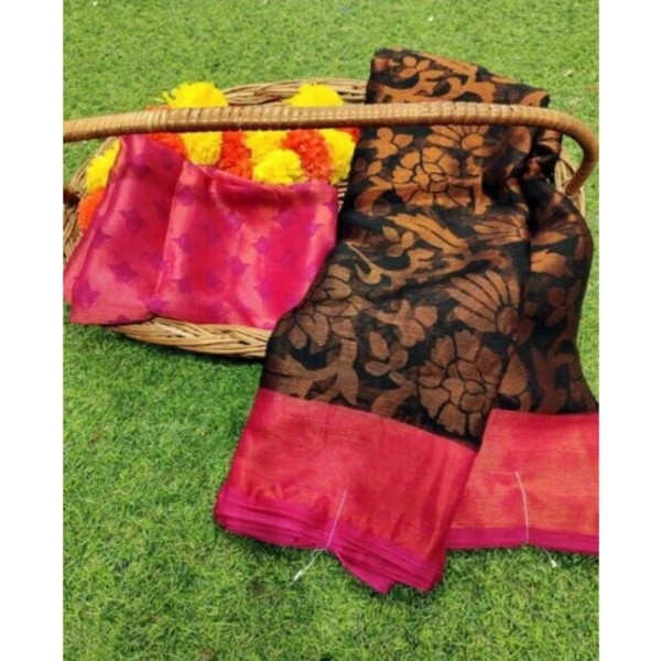 Women's Viscose Rayon Printed Saree With Unstitched Blouse (Black Pink) - Black Pink