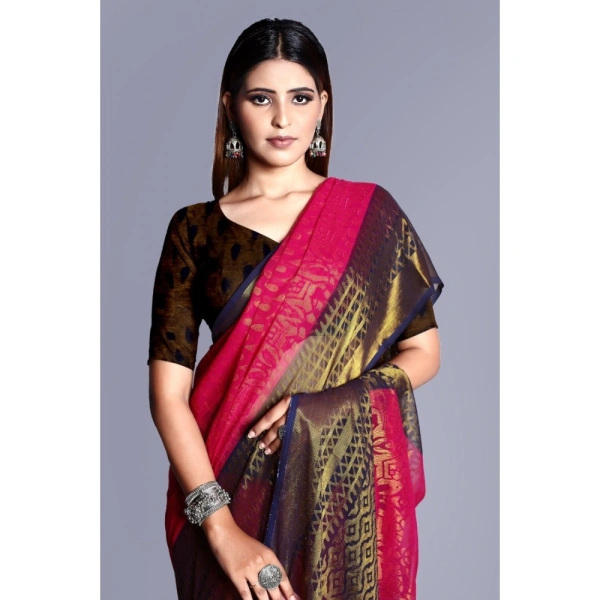 Women's Viscose Rayon Printed Saree With Unstitched Blouse (Pink) - Pink