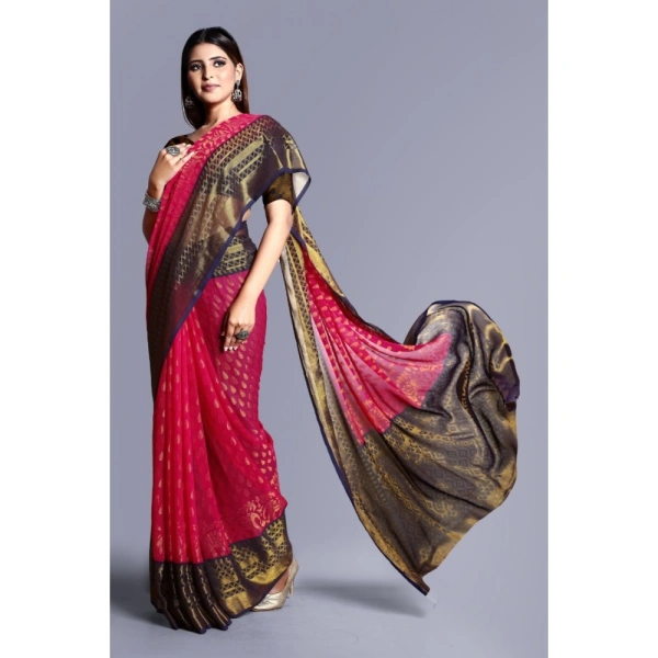 Women's Viscose Rayon Printed Saree With Unstitched Blouse (Pink) - Pink