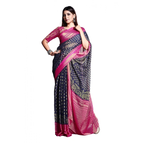 Women's Viscose Rayon Printed Saree With Unstitched Blouse (Navy Blue) - Navy Blue