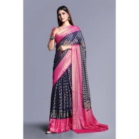 Women's Viscose Rayon Printed Saree With Unstitched Blouse (Navy Blue) - Navy Blue