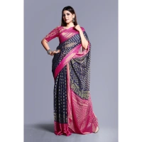 Women's Viscose Rayon Printed Saree With Unstitched Blouse (Navy Blue) - Navy Blue