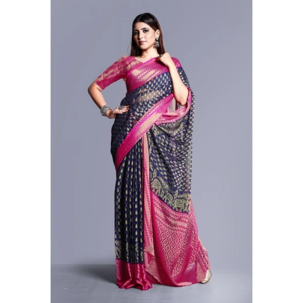 Women's Viscose Rayon Printed Saree With Unstitched Blouse (Navy Blue) - Navy Blue