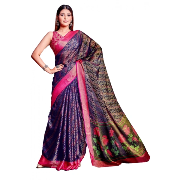 Women's Viscose Rayon Printed Saree With Unstitched Blouse (Navy Blue) - Navy Blue