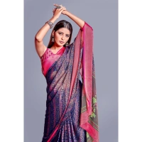Women's Viscose Rayon Printed Saree With Unstitched Blouse (Navy Blue) - Navy Blue
