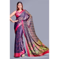 Women's Viscose Rayon Printed Saree With Unstitched Blouse (Navy Blue) - Navy Blue