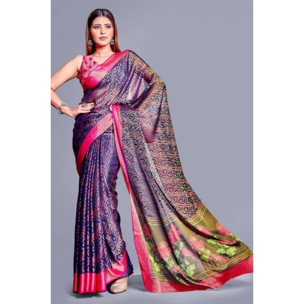 Women's Viscose Rayon Printed Saree With Unstitched Blouse (Navy Blue) - Navy Blue