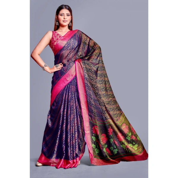 Women's Viscose Rayon Printed Saree With Unstitched Blouse (Navy Blue) - Navy Blue