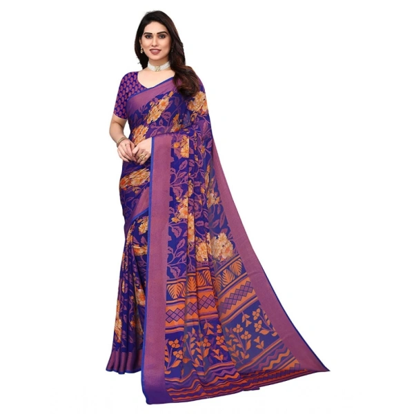 Women's Viscose Rayon Printed Saree With Unstitched Blouse (Blue) - Blue