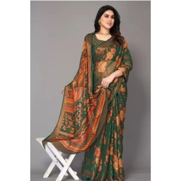 Women's Viscose Rayon Printed Saree With Unstitched Blouse (Green) - Green