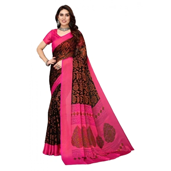 Women's Viscose Rayon Printed Saree With Unstitched Blouse (Black) - Black