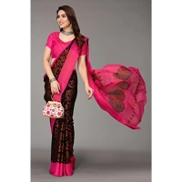 Women's Viscose Rayon Printed Saree With Unstitched Blouse (Black) - Black