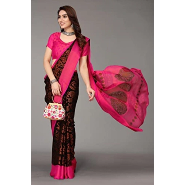 Women's Viscose Rayon Printed Saree With Unstitched Blouse (Black) - Black